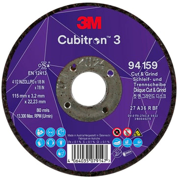 3M™ Cubitron™ 3 Skære- og slibeskive, 94159, 36+, T27, 115 mm x 3,2 mm x 22,23 mm, EN, 10-pak, 20 stk./kasse 7100305449