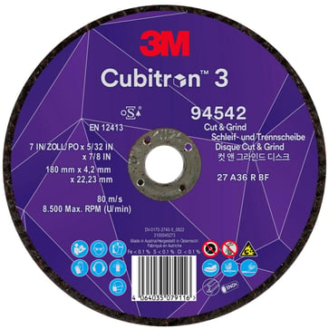 3M™ Cubitron™ 3 Skære- og slibeskive, 94542, 36+, T27, 180 mm x 4,2 mm x 22,23 mm, EN, 10-pak, 20 stk./kasse 7100303972