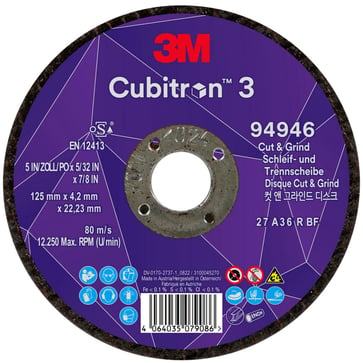 3M™ Cubitron™ 3 Skære- og slibeskive, 94946, 36+, T27, 125 mm x 4,2 mm x 22,23 mm, EN, 10-pak, 20 stk./kasse 7100303974