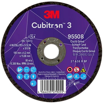 3M™ Cubitron™ 3 Skære- og slibeskive, 95508, 36+, T27, 100 mm x 4,2 mm x 15,88 mm, EN, 10-pak, 20 stk./kasse 7100305450