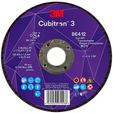 3M™ Cubitron™ 3 Skæreskive, 86412, 36+, T41, 125 mm x 1,6 mm x 22,23 mm, EN, 25/pakning, 50 stk./kasse 7100303829
