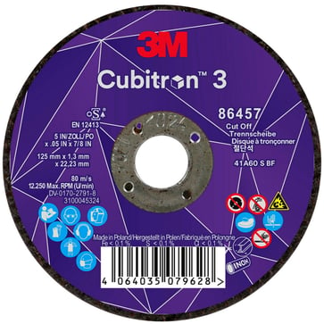 3M™ Cubitron™ 3 Skæreskive, 86457, 60+, T41, 125 mm x 1,3 mm x 22,23 mm, EN, 25/pakning, 50 stk./kasse 7100304304