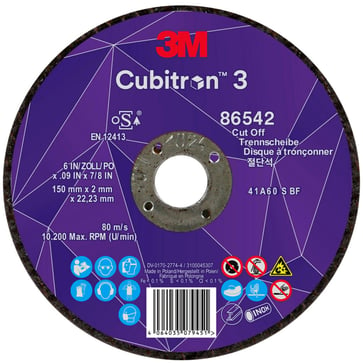 3M™ Cubitron™ 3 Skæreskive, 86542, 60+, T41, 150 mm x 2 mm x 22,23 mm, EN, 25/Pak, 50/kasse 7100304056