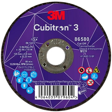 3M™ Cubitron™ 3 Skæreskive, 86580, 80+, T41, 125 mm x 0,8 mm x 22,23 mm, EN, 25/pakning, 50 stk./kasse 7100304127