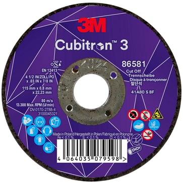 3M™ Cubitron™ 3 Skæreskive, 86581, 80+, T41, 115 mm x 0,8 mm x 22,23 mm, EN, 25/pakning, 50 stk./kasse 7100304305