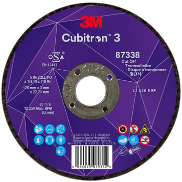 3M™ Cubitron™ 3 Skæreskive, 87338, 36+, T42, 125 mm x 3 mm x 22,23 mm, EN, 25/pakning, 50 stk./kasse 7100303831