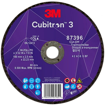 3M™ Cubitron™ 3 Skæreskive, 87396, 36+, T42, 180 mm x 2,5 mm x 22,23 mm, EN, 25/Pakning, 50/kasse 7100303994