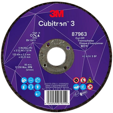 3M™ Cubitron™ 3 Skæreskive, 87963, 36+, T42, 125 mm x 2,5 mm x 22,23 mm, EN, 25/pakning, 50 stk./kasse 7100303995