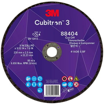 3M™ Cubitron™ 3 Skæreskive, 88404, 36+, T41, 230 mm x 2,5 mm x 22,23 mm, EN, 25/pakning, 50 stk./kasse 7100303997