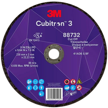 3M™ Cubitron™ 3 Skæreskive, 88732, 36+, T41, 230 mm x 2 mm x 22,23 mm, EN, 25/pakning, 50 stk./kasse 7100303998