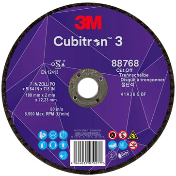 3M™ Cubitron™ 3 Skæreskive, 88768, 36+, T41, 180 mm x 2 mm x 22,23 mm, EN, 25/Pakning, 50/kasse 7100303999