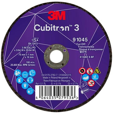 3M™ Cubitron™ 3 Skæreskive, 91045, 60+, T41, 75 mm x 1 mm x 10 mm, EN, 25/pakning, 50 stk./kasse 7100304123