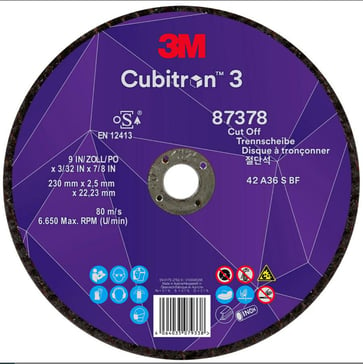 3M™ Cubitron™ 3 Skæreskive, 87378, 36+, T42, 230 mm x 2,5 mm x 22,23 mm, EN, 25/pakning, 50 stk./kasse 7100303993