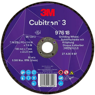 3M™ Cubitron™ 3 Skrubskive med forsænket midte, 97618, 36+, T27, 180 mm x 7 mm x 22,23 mm, Special EN, 10-pak, 20 stk./kasse 7100305453