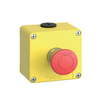 Harmony nødstopkasse komplet i gul metal med Ø40 mm nødstop med drej for at frigøre og 2xNC XAPK178EG