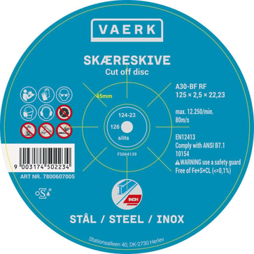 
Skæreskive forsat 125x2,5x22 stål/stainless steel 450223