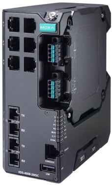 Moxa EDS-4008-2MSC-LV, 8-port Managed layer 2 Ethernet Switch, 2x Multimode fiber SC, Secure boot, Turbo-Ring, Turbo-Chain, RSTP/STP, DIN-skinne, 9-60 VDC, -10 til +60°C, CE/FCC/UL, ATEX, NEMA TS2, IEC 62443 certifikat, DNV godkendt 52772