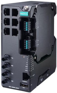 Moxa EDS-4008-2MST-LV, 8-port Managed layer 2 Ethernet Switch, 2x Multimode fiber ST, Secure boot, Turbo-Ring, Turbo-Chain, RSTP/STP, DIN-skinne, 9-60 VDC, -10 til +60°C, CE/FCC/UL, ATEX, NEMA TS2, IEC 62443 certifikat, DNV godkendt 52776