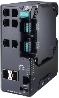 Moxa EDS-4008-4P-2GT-2GS-LVA, 8-port Managed layer 2 Ethernet Switch, 4x PoE++, 2x fiber SFP, Secure boot, Turbo-Ring, Turbo-Chain, RSTP/STP, DIN-skinne, 44-57 VDC, -10 til +60°C, CE/FCC/UL, ATEX, NEMA TS2, IEC 62443 certifikat, DNV godkendt 52788