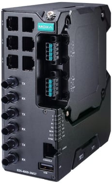 Moxa EDS-4009-3MST-LV-T, 9-port Managed layer 2 Ethernet Switch, 3x Multimode fiber ST, Secure boot, Turbo-Ring, Turbo-Chain, RSTP/STP, DIN-skinne, 9-60 VDC, -40 til +75°C, CE/FCC/UL, ATEX, NEMA TS2, IEC 62443 certifikat, DNV godkendt 52797