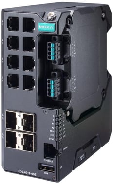 Moxa EDS-4012-4GS-LV, 12-port Managed layer 2 Ethernet Switch, 4x fiber SFP, Secure boot, Turbo-Ring, Turbo-Chain, RSTP/STP, DIN-skinne, 9-60 VDC, -10 til +60°C, CE/FCC/UL, ATEX, NEMA TS2, IEC 62443 certifikat, DNV godkendt 52804