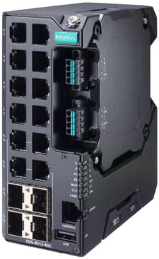 Moxa EDS-4012-4GC-LV-T, 12-port Managed layer 2 Ethernet Switch, 4x fiber SFP, Secure boot, Turbo-Ring, Turbo-Chain, RSTP/STP, DIN-skinne, 9-60 VDC, -40 til +75°C, CE/FCC/UL, ATEX, NEMA TS2, IEC 62443 certifikat, DNV godkendt 52809