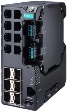 Moxa EDS-4014-4GS-2QGS-LV, 14-port Managed layer 2 Ethernet Switch, 4x fiber SFP, 2x fiber SFP 2,5G, Secure boot, Turbo-Ring, Turbo-Chain, RSTP/STP, DIN-skinne, 9-60 VDC, -10 til +60°C, CE/FCC/UL, ATEX, NEMA TS2, IEC 62443 certifikat, DNV godkendt 52816