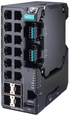 Moxa EDS-G4012-4GC-LV, 12-port Gigabit Managed layer 2 Ethernet Switch, Secure boot, Turbo-Ring, Turbo-Chain, RSTP/STP, DIN-skinne, 9-60 VDC, -10 til +60°C, CE/FCC/UL, ATEX, NEMA TS2, IEC 62443 certifikat, DNV godkendt 52824