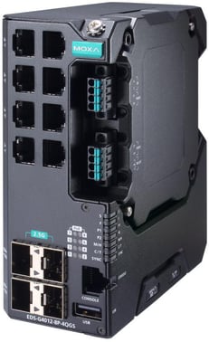 Moxa EDS-G4012-8P-4QGS-LVB, 12-port Gigabit Managed layer 2 Ethernet Switch, 4x fiber SFP 2,5G, Secure boot, Turbo-Ring, Turbo-Chain, RSTP/STP, DIN-skinne, 12-57 VDC, -10 til +60°C, CE/FCC/UL, ATEX, NEMA TS2, IEC 62443 certifikat, DNV godkendt 52830