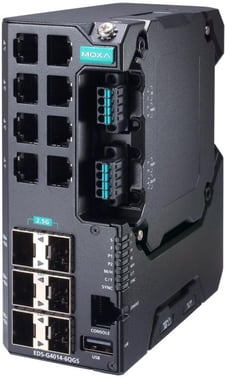 Moxa EDS-G4014-6QGS-LV, 14-port Gigabit Managed layer 2 Ethernet Switch, 6x fiber SFP 2,5G, Secure boot, Turbo-Ring, Turbo-Chain, RSTP/STP, DIN-skinne, 9-60 VDC, -10 til +60°C, CE/FCC/UL, ATEX, NEMA TS2, IEC 62443 certifikat, DNV godkendt 52832