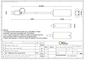 USB-C/A til RJ45 Netværk Gigabit Adapter MC-USBACNET1G