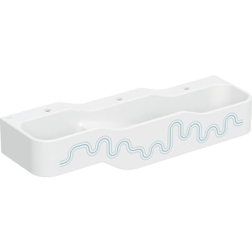 Geberit Bambini play and washspace, with three washbasin areas, lower basin on the right: B=140cm, Tap hole=central, left and right, ocean blue 502.976.SX.1