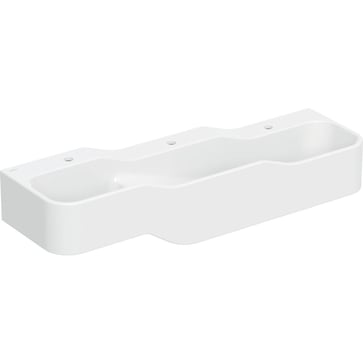 Geberit Bambini play and washspace, with three washbasin areas, lower basin on the right: B=140cm, Tap hole=central, left and right, white alpine 502.976.00.1