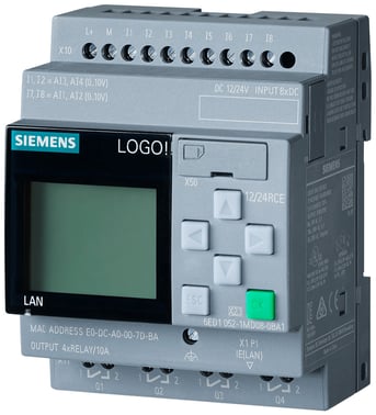 LOGO! 24RCE, logiskmodul,display forsyningsspænding / I/O: 24 V AC/24 V DC/relæ, 8 DI/4 DO, hukommelse 400 blokke. 6ED1052-1HB08-0BA2