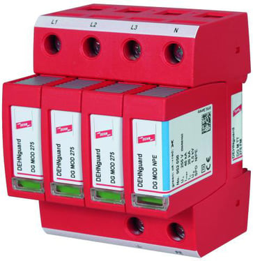 DEHNguard M TT 275 FM surge arresterModular and pluggable four-pole surge arrester for 230/400 V TT and TN-S systems, width: 4 modulesWith remote signalling contactType 2 SPD according to EN 61643-11Fault indicationMax. continuous operating voltage: 275 V 952315