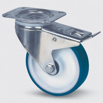 Tente Drejeligt hjul m/ bremse, blå polyuretan, Ø125 mm, 200 kg, DIN-kugleleje, med plade Rustfri Byggehøjde: 160 mm. Driftstemperatur:  -40°/+80° 118477112