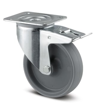 Tente Drejeligt hjul m/ bremse, grå polyuretan, Ø100 mm, 150 kg, rulleleje, med plade Byggehøjde: 128 mm. Driftstemperatur:  -40°/+80° 00029590
