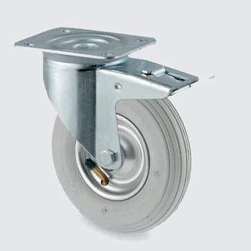 Drejeligt hjul m/ bremse, grå luftgummi, Ø200 mm, rulleleje, med plade Byggehøjde: 240 mm. 113477016