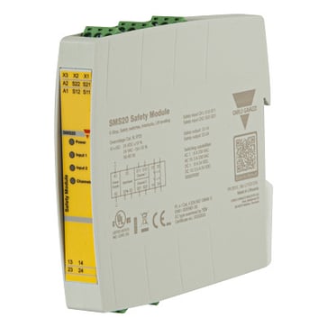 Sikkerhedsrelæ 24VDC med 2 x NO automatisk eller manuelt overvåget SMS20
