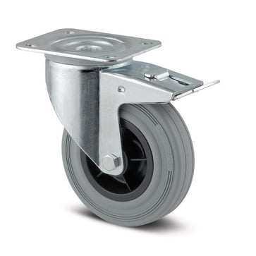 Tente Drejeligt hjul m/ bremse, grå massiv gummi, Ø100 mm, 75 kg, rulleleje, med plade Byggehøjde: 128 mm. Driftstemperatur:  -20°/+60° 00001422