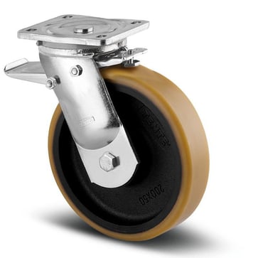 Swivel wheel w/ brake, polyurethane, Ø250 mm, 1200 kg, precision ball bearing, with plate 00801671