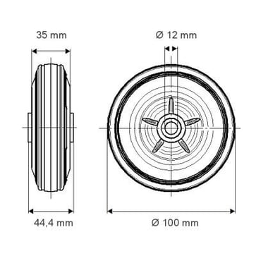 Tente Løs hjul, sort massiv gummi, Ø100x35 mm, Ø12xNL44,4, rulleleje,  Byggehøjde: 100 mm. Driftstemperatur:  -20°/+60° 11PVR100M