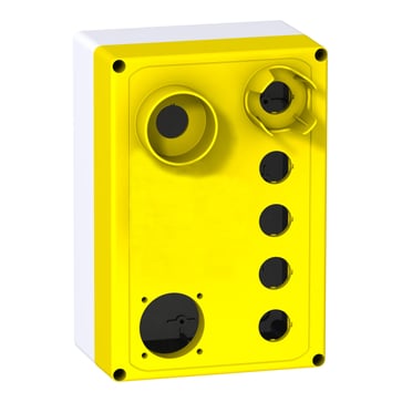 Trykknapkasse tom med 6 huller i lysegrå farve med gult låg for elevatorer, 6 x Ø22mm + 1 x Ø45mm XALFP0612