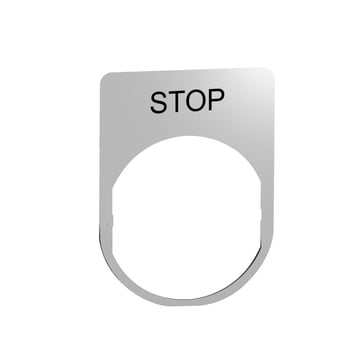 Harmony legend plate in metal 30x40 mm for Ø22 mm pushbuttons with the text "STOP" laser engraved ZBYM2304