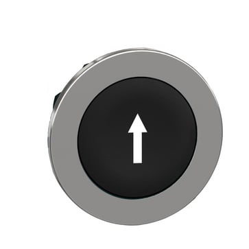 Harmony flush trykknaphoved i metal med fjeder-retur og plan trykflade i sort farve med hvidt "pil ned" symbol ZB4FA335