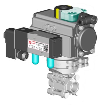 1/2" FB 3-piece Ballvalve with single acting actuator, solenoidvalve and inductive limitswitch 01MA5515MVBSR24VIND.