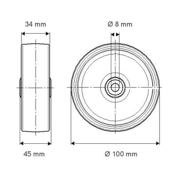 Tente Løs hjul, grå elastisk gummi, Ø100x34 mm, Ø8,3xNL45, DIN-kugleleje og tætning, Byggehøjde: 100 mm. Driftstemperatur:  -20°/+80° 00033626
