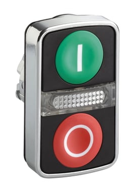 Harmony dobbelt trykknaphoved i metal for LED med et hvidt "I" på en grøn trykflade og et hvidt "O" på en rød trykflade ZB4BW7A3741