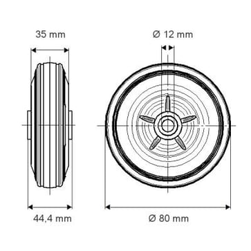 Tente Løs hjul, sort massiv gummi, Ø80x35 mm, Ø12xNL44,4, rulleleje,  Byggehøjde: 80 mm. Driftstemperatur:  -20°/+60° 11PVR080M