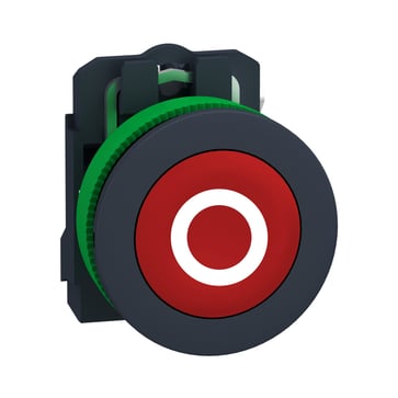 Harmony flush trykknap komplet med fjeder-retur og plan trykflade i rød farve med hvidt "O" 1xNC, XB5FA4322 XB5FA4322